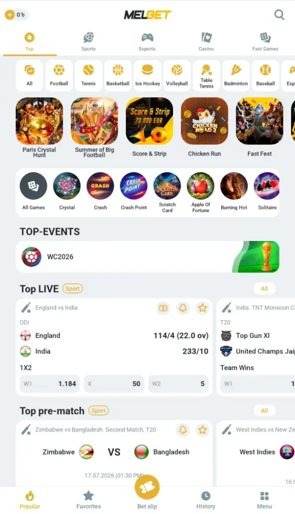 Screenshot - TOP Menu MelBet app