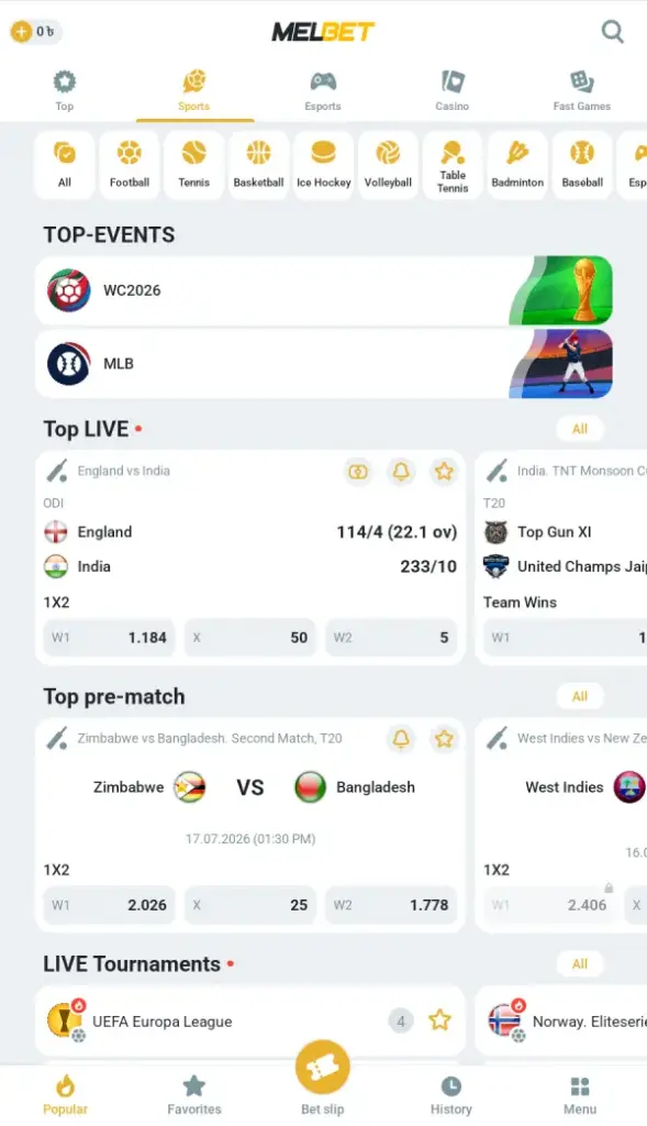 Screenshot - Sports Menu MelBet app
