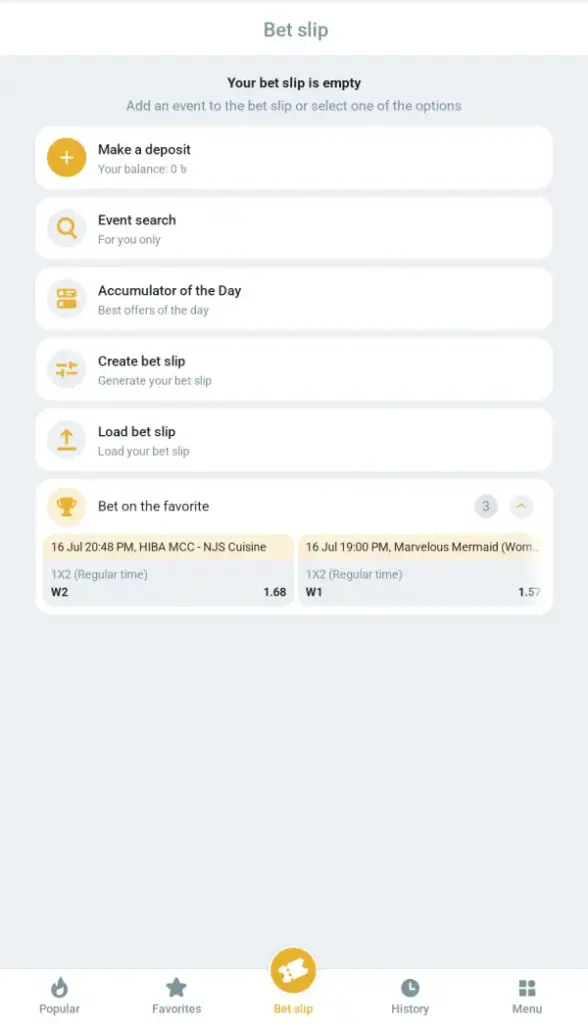 Screenshot - Bet slip Menu MelBet app